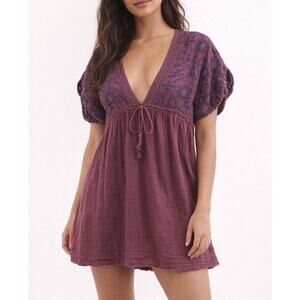 Free People Embroidered V Neck Short Sleeve Mini Dress Maroon Purple XS
